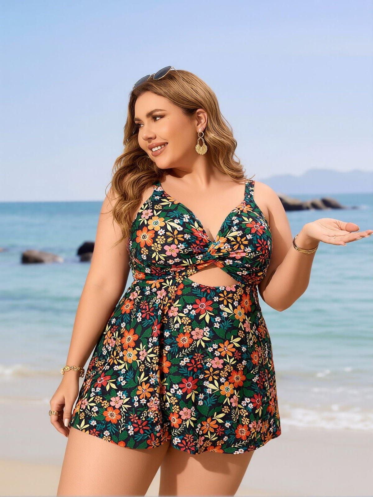 2026 New Plus Size Swim Dress: Floral Print, Halter Neck, Cutout, Flowy Beach Style