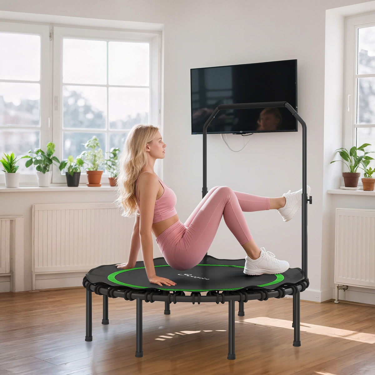 48" Rebounder Trampoline for Adults, Foldable Mini Trampoline with Adjustable Handle Bar for Indoor Outdoor, Green