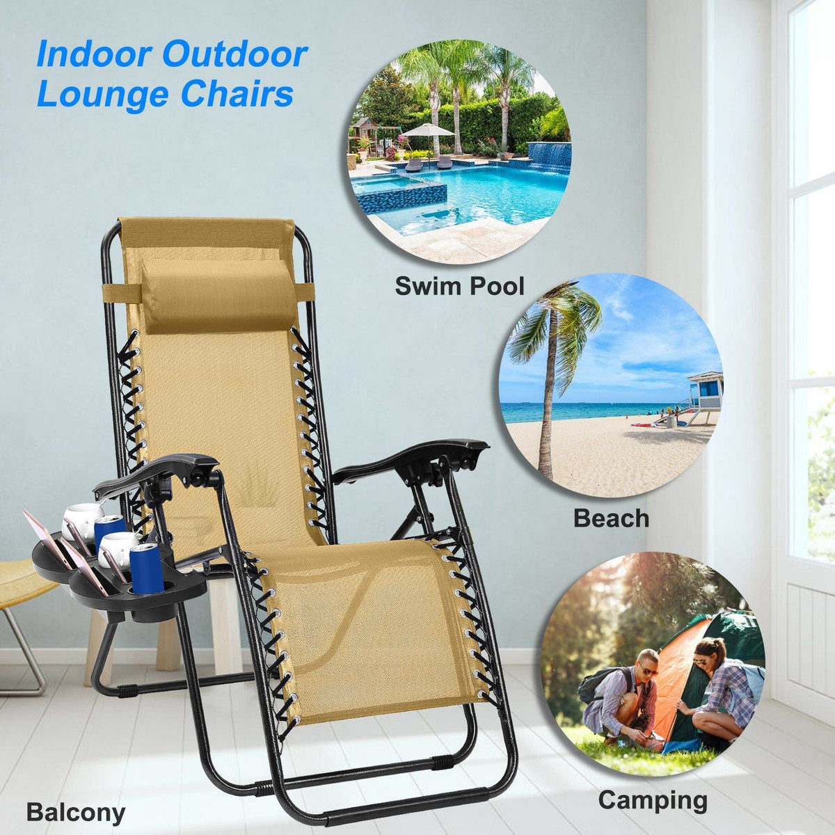 2Packs Zero Gravity Lounge Chair w/ Dual Side Tray 330lbs Load Foldable Recliner Chair w/ Stress Relief Pillow Patio Poolside Beach Lying Chair