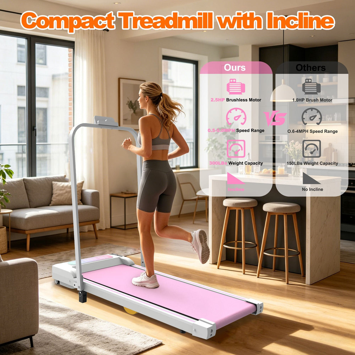 Under Desk Treadmill with Incline, Walking Pad, 2 in 1 Portable Treadmill with Handle Remote Control LED Display, Walking Jogging Machine for Home Office Use Pink