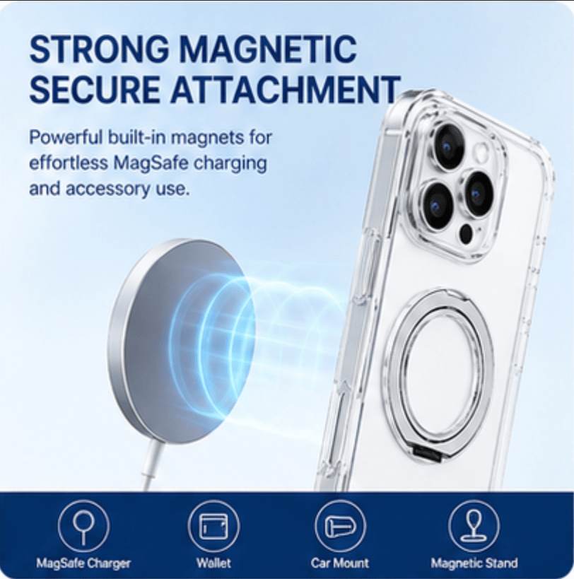 Transparent Magnetic Phone Case Compatible with iPhone 13-17 AIR, 360° Rotating Ring Holder, Anti-Yellow & Shockproof Protective Case, Works with Magnetic Accessories