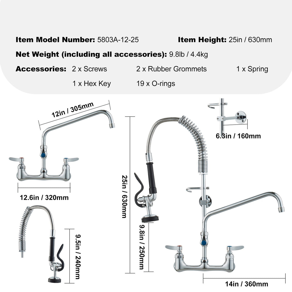 Commercial Faucet with Pre-Rinse Sprayer, 25' Height, 8' Center, 12' Swing Spout, Wall Mount Kitchen Sink Faucet, Brass Constructed Device with Pull Down Spray, for 1/2/3 Compartment Sink