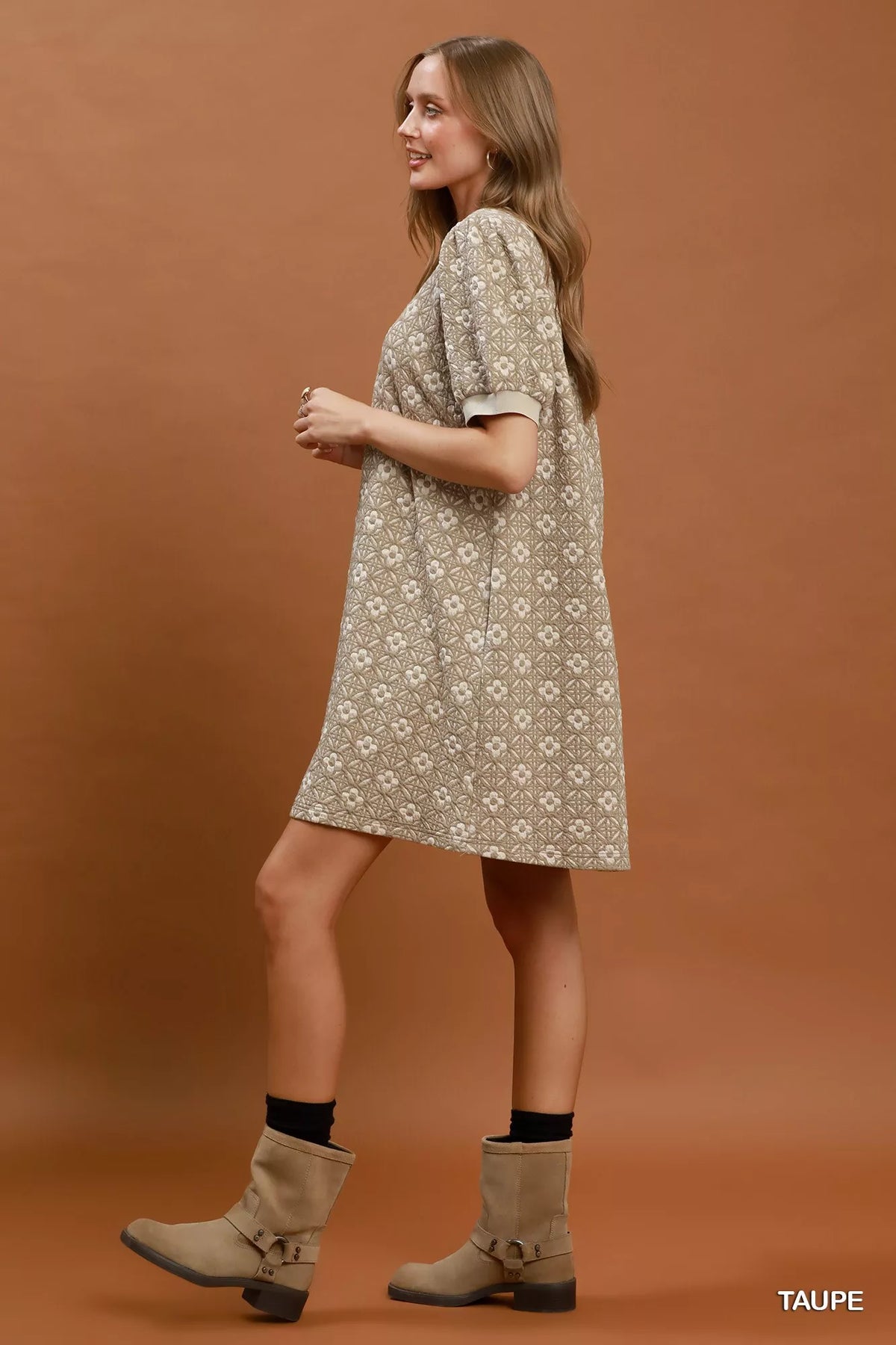 Umgee Floral Textured Puff Sleeve Mini Dress