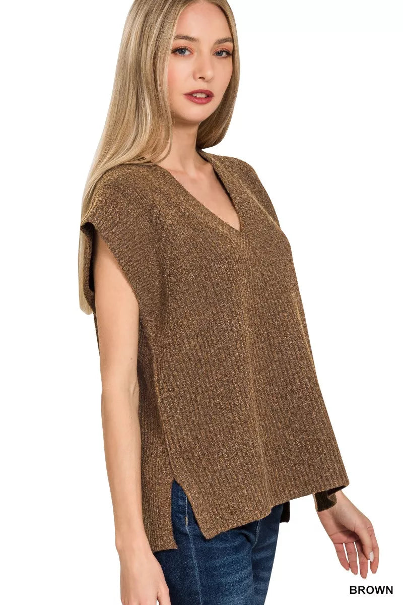 Zenana Ribbed Slit V-Neck Sweater Vest