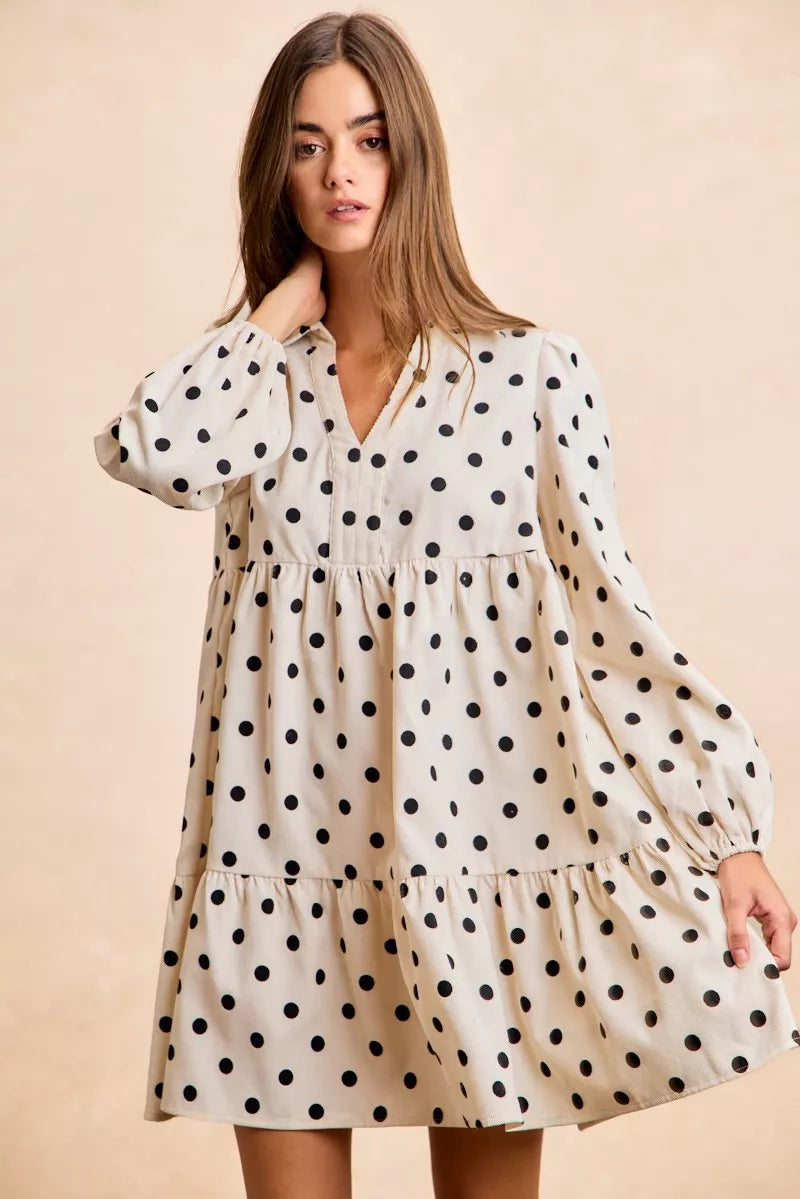 BiBi Polka Dot Corduroy Collared V Neck Dress