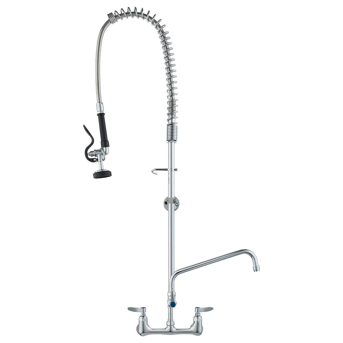 Commercial Faucet with Pre-Rinse Sprayer, 47' Height, 8' Center, 12' Swing Spout, Wall Mount Kitchen Sink Faucet, Brass Constructed Device with Pull Down Spray, for 1/2/3 Compartment Sink