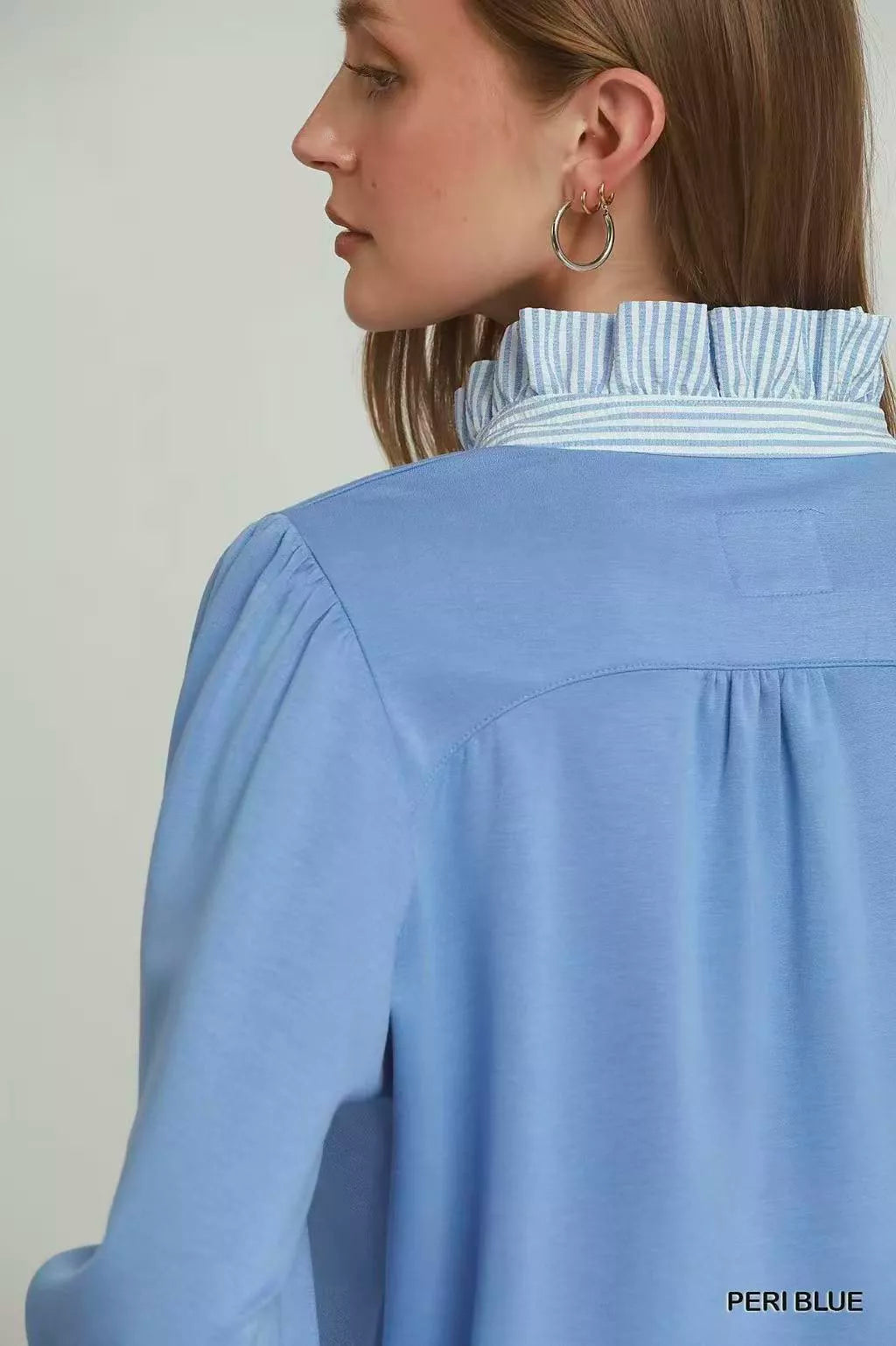 Umgee Stripe Ruffle Neck Long Sleeve Top