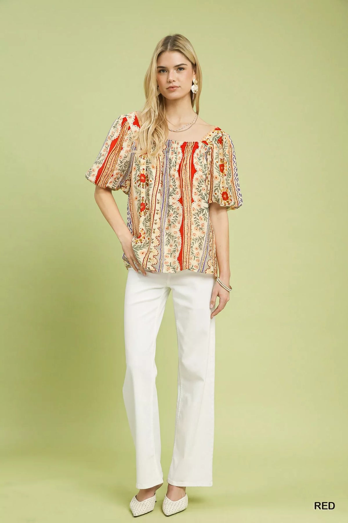 Umgee Patchwork Puff Sleeve Smocked Blouse