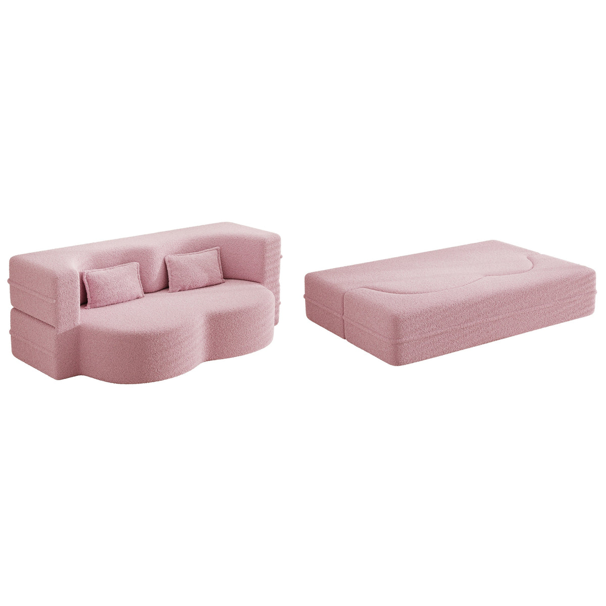 Modern Floor Sofa with 2 Pillows,Convertible Teddy Fabric Foam Filled Sleeper Sofa Bed,15 ' Full Size Folding Mattress for Living Room,Guest Bed,Playroom,No Assembly Required,Pink