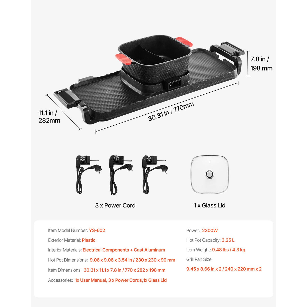 Hot Pot with Grill 2300W 2-in-1 Electric Smokeless BBQ Pan with Removable Pot