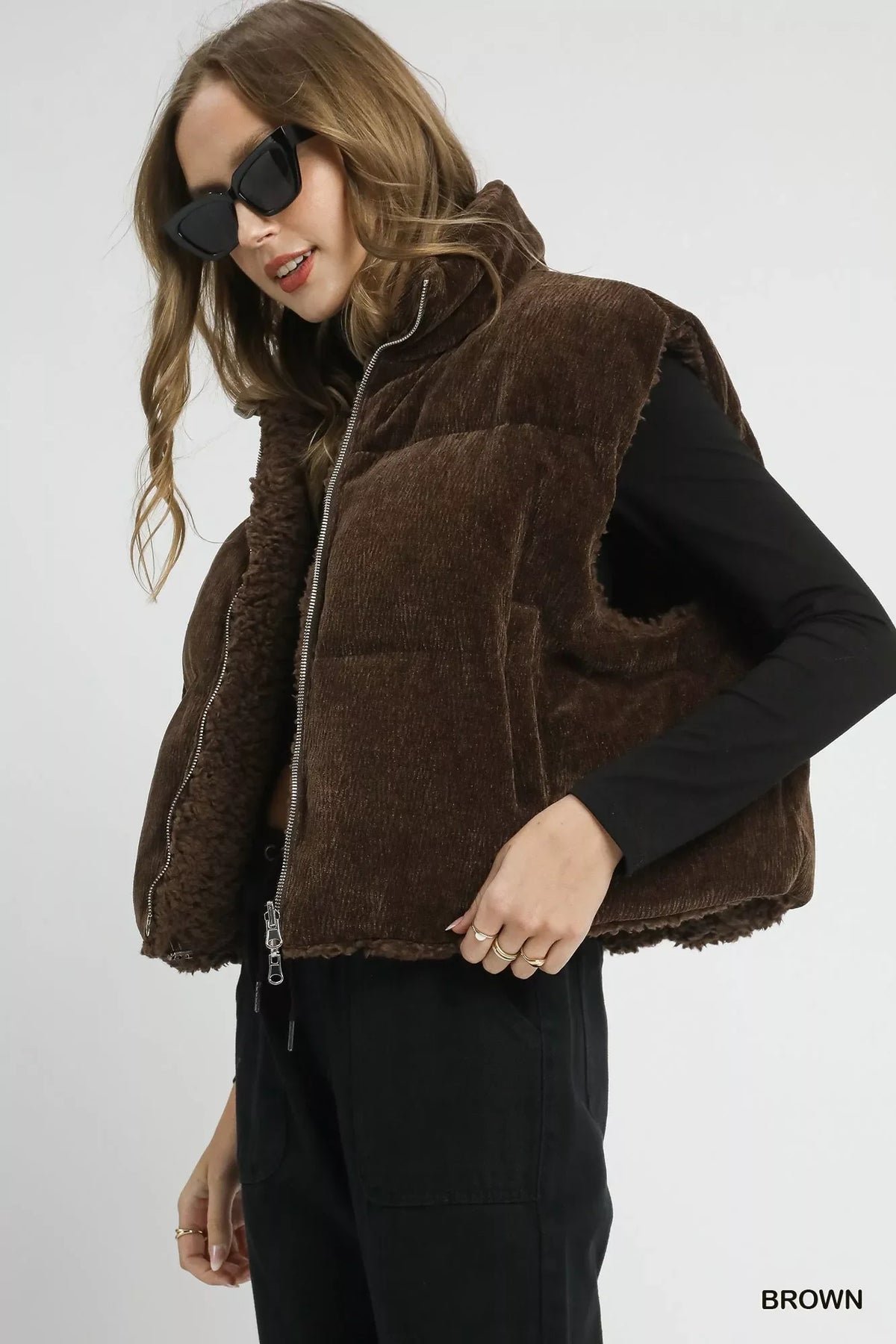 Umgee Sherpa-Lined Zip Vest with Drawstring Hem