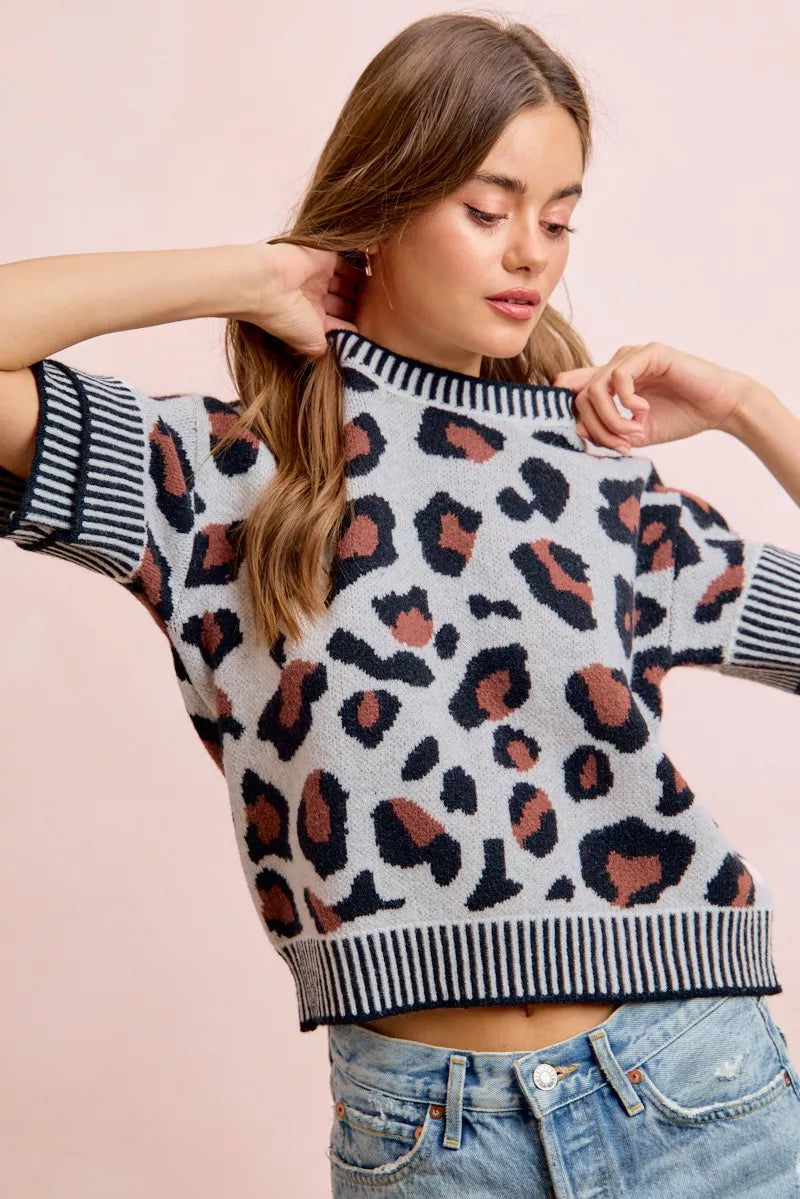 BiBi Two Tone Detail Leopard Knit Double Sleeves Top