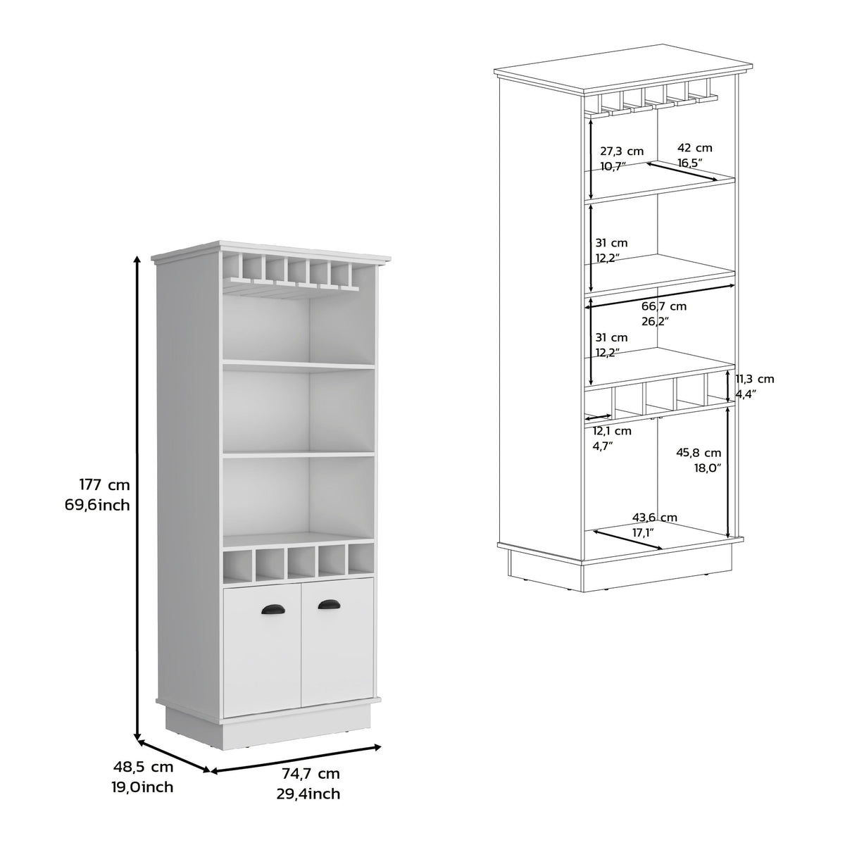 70'H Bar Cabinet with Wine Rack, Upper Glass Cabinet, three Open Storage Shelves and One Cabinet,White