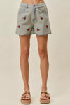SO ME Rose Embroidery High Rise Scallop Hem Denim Shorts