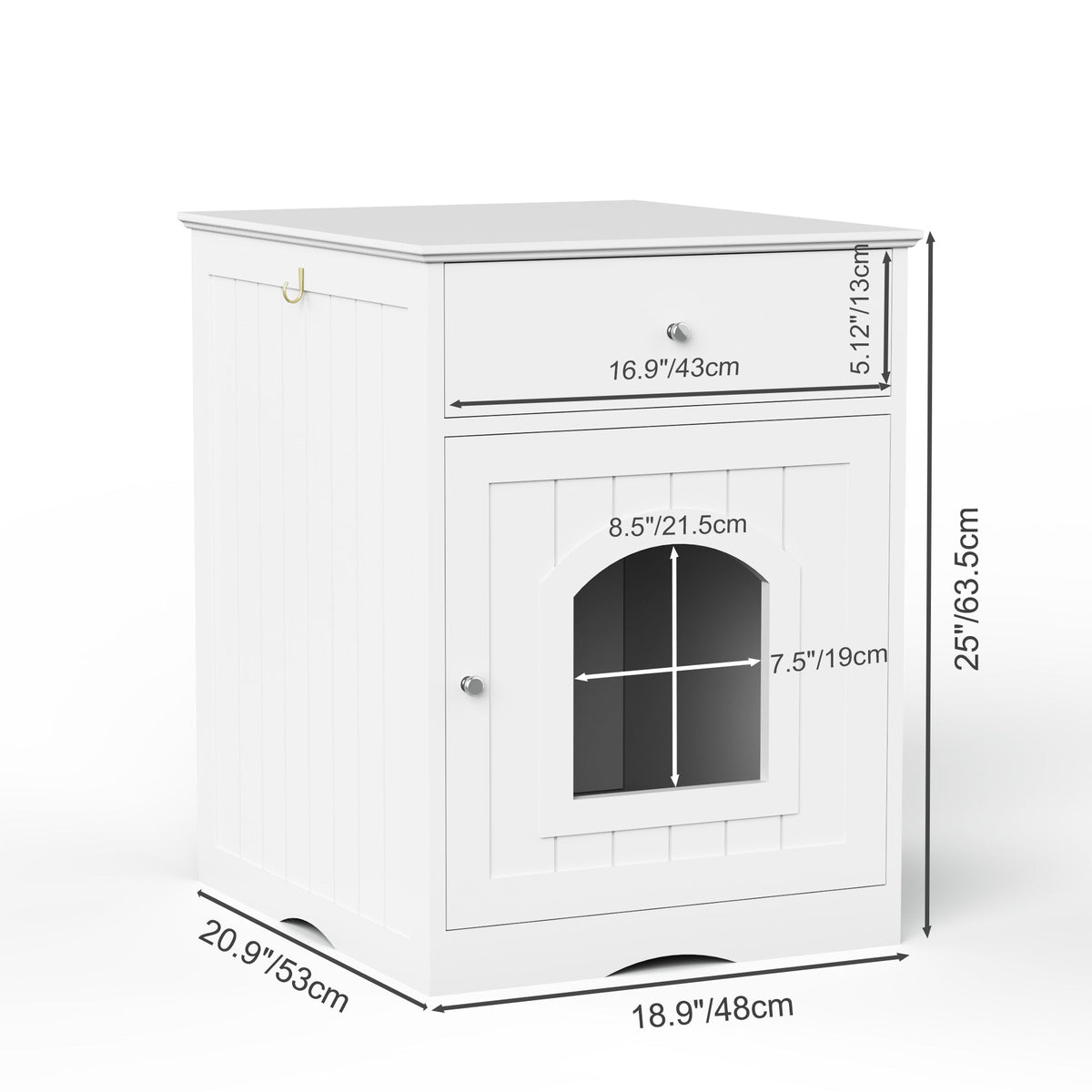 White Wooden Pet House Cat Litter Box Enclosure with Drawer and Side Table, Indoor Cat Home Nightstand for Small Cats, MDF Construction, 18.9'' W x 20.9'' D x 25'' H
