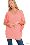 Zenana Raised Rib V-Neck Batwing Top
