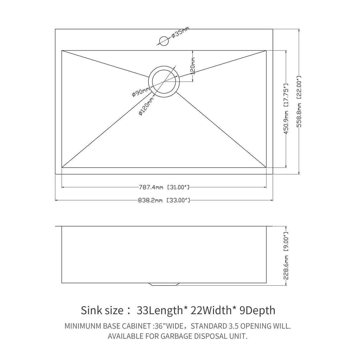 Brushed Nickel 33 x 22 Inch Kitchen Sink Drop In 16 Gauge Stainless Steel Single Bowl Topmount Basin