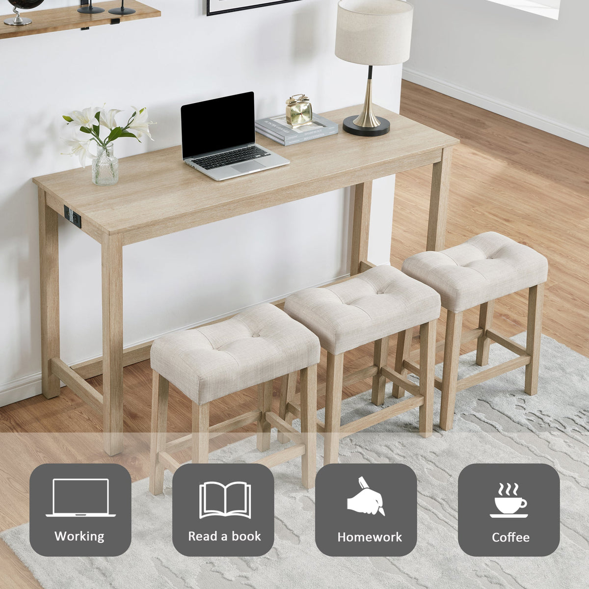 4 Piece Bar Table Set with Power Outlet,Bar Table Set with Chairs,Sofa Bar Table with Stools,Behind Couch Table with 3 Padded Stools for Living Room,Dining room, Light Oak
