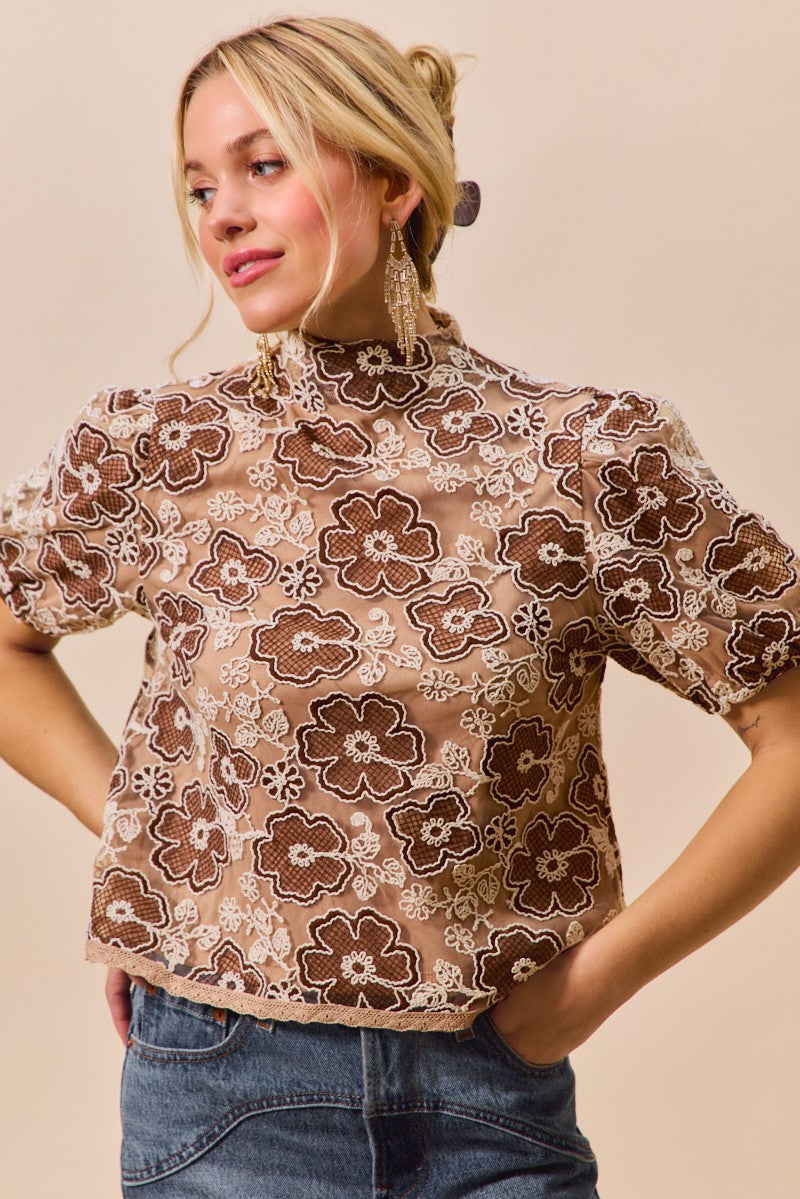 SO ME Texture Floral Mesh Top With Back Button Closure