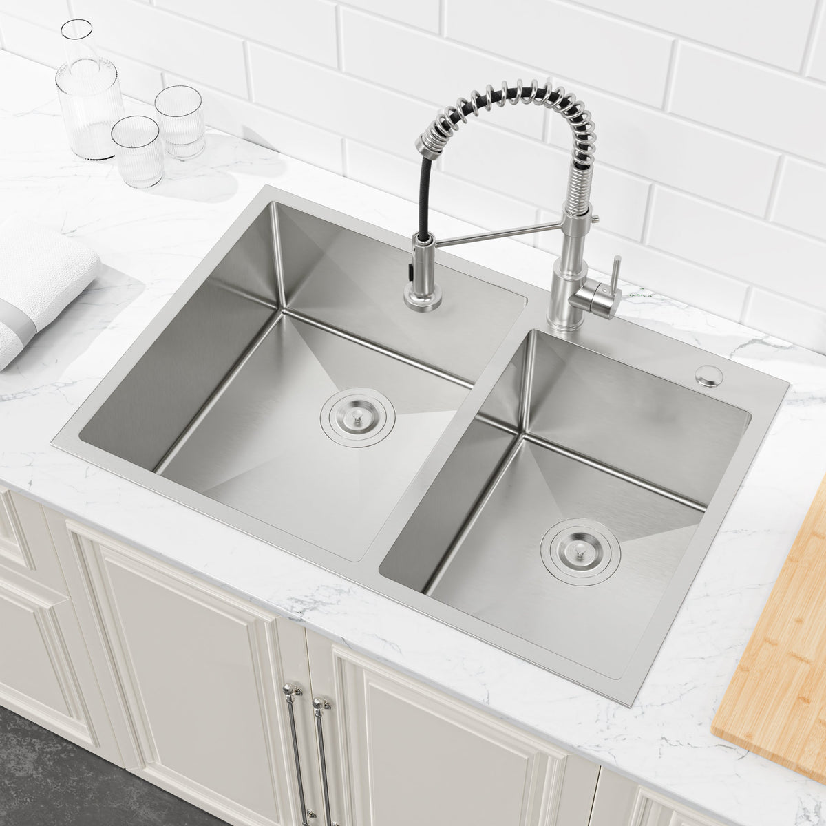33'x19' Embedded Double Bowl Kitchen Sink, Overmount Handmade Sink in Brushed (Sink only)