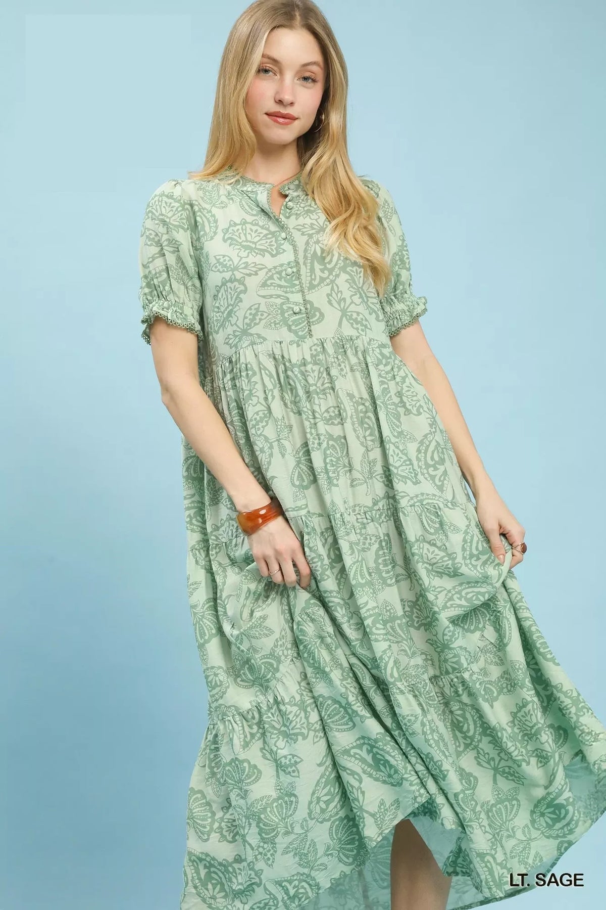 Umgee Paisley Print Tiered Midi Dress