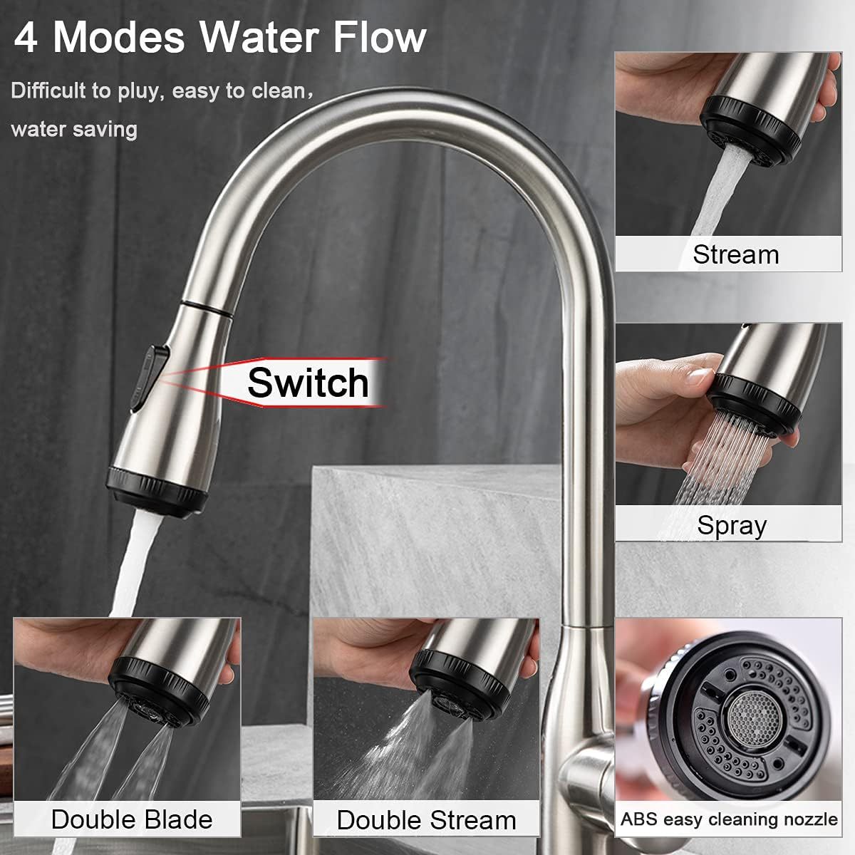 Single Handle High Arc Brushed Nickel Pull Out Kitchen Sink Faucet with 4 Spraying Modes,Single Level Stainless Steel with Pull Down Sprayer