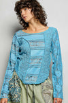 POL Round Neck Long Sleeve Exposed Seam Top with Lace Detail