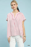 Umgee Mixed Stripe Split Neck Oversized Blouse