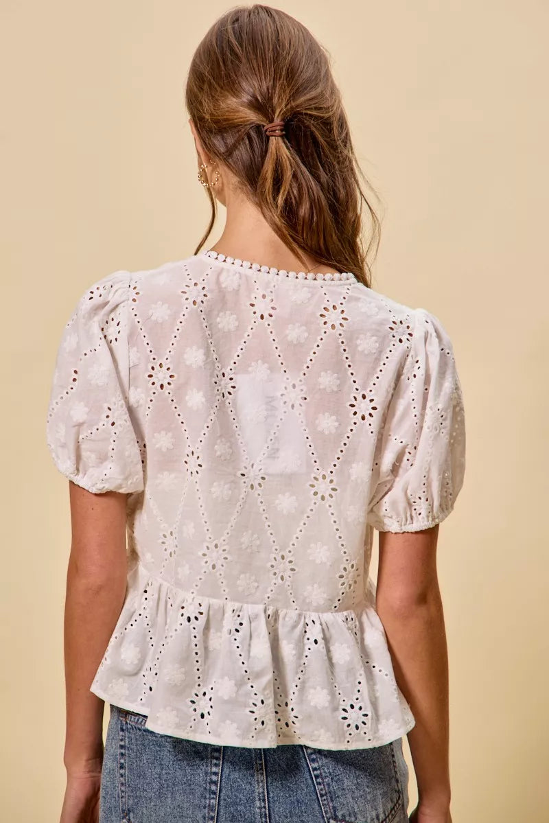 SO ME Cotton Eyelet Front Tie Short Sleeves Blouse