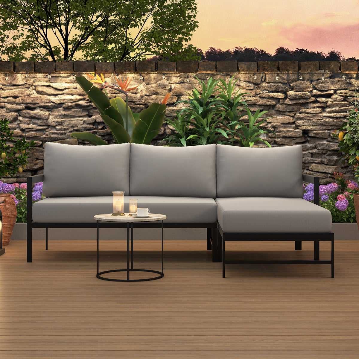 U_style Outdoor L-Shaped Sofa with Iron Frame,Weather-Resistant Patio Sofa Set with Ultra-Thick Cushions,Comfortable Seating for 3,Ideal for Patio, Balcony,and Garden