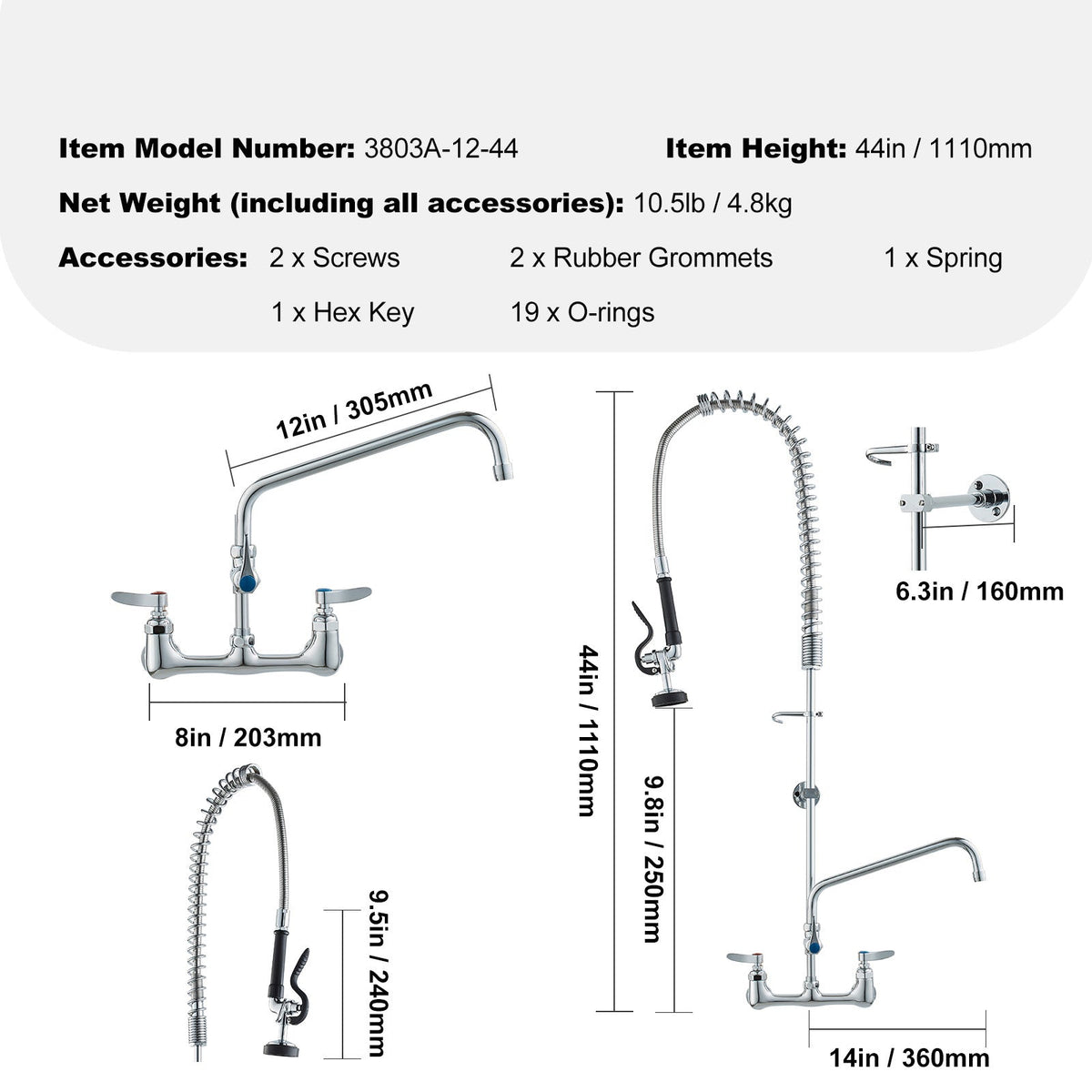 Commercial Faucet with Pre-Rinse Sprayer, 44' Height, 8' Center, 12' Swing Spout, Wall Mount Kitchen Sink Faucet, Brass Constructed Device with Pull Down Spray, for 1/2/3 Compartment Sink