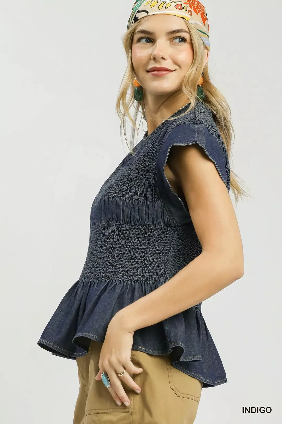 Umgee Smocked Peplum Top with Scalloped Ruffle Cap Sleeves
