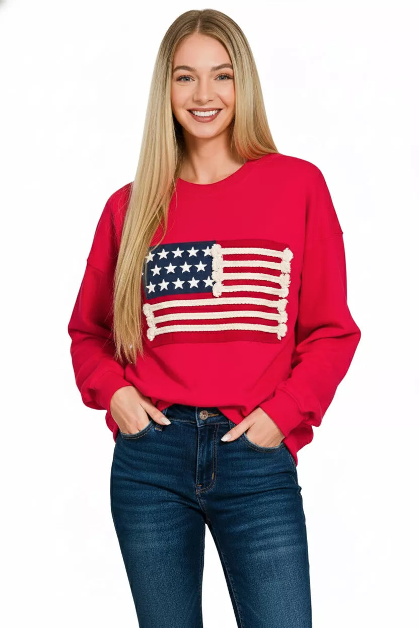 Zenana French Terry American Flag Pullover