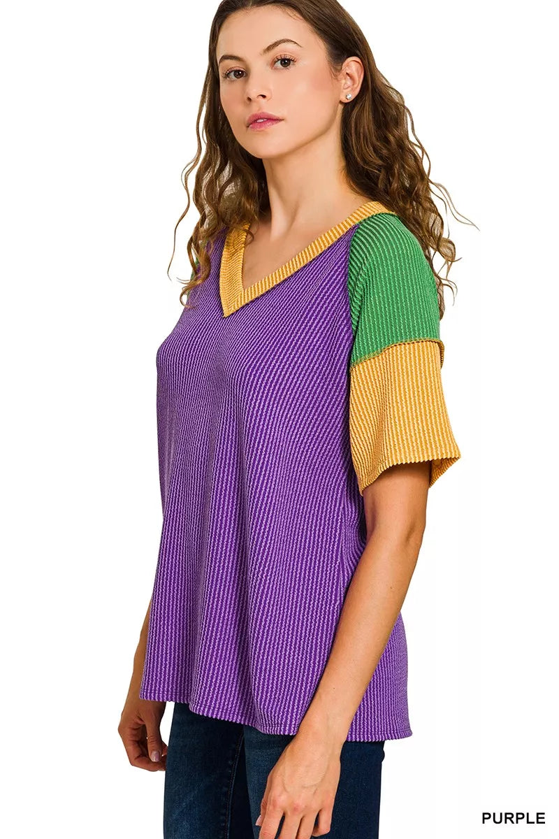 Zenana Mardi Gras Raised Rib Color Block Top