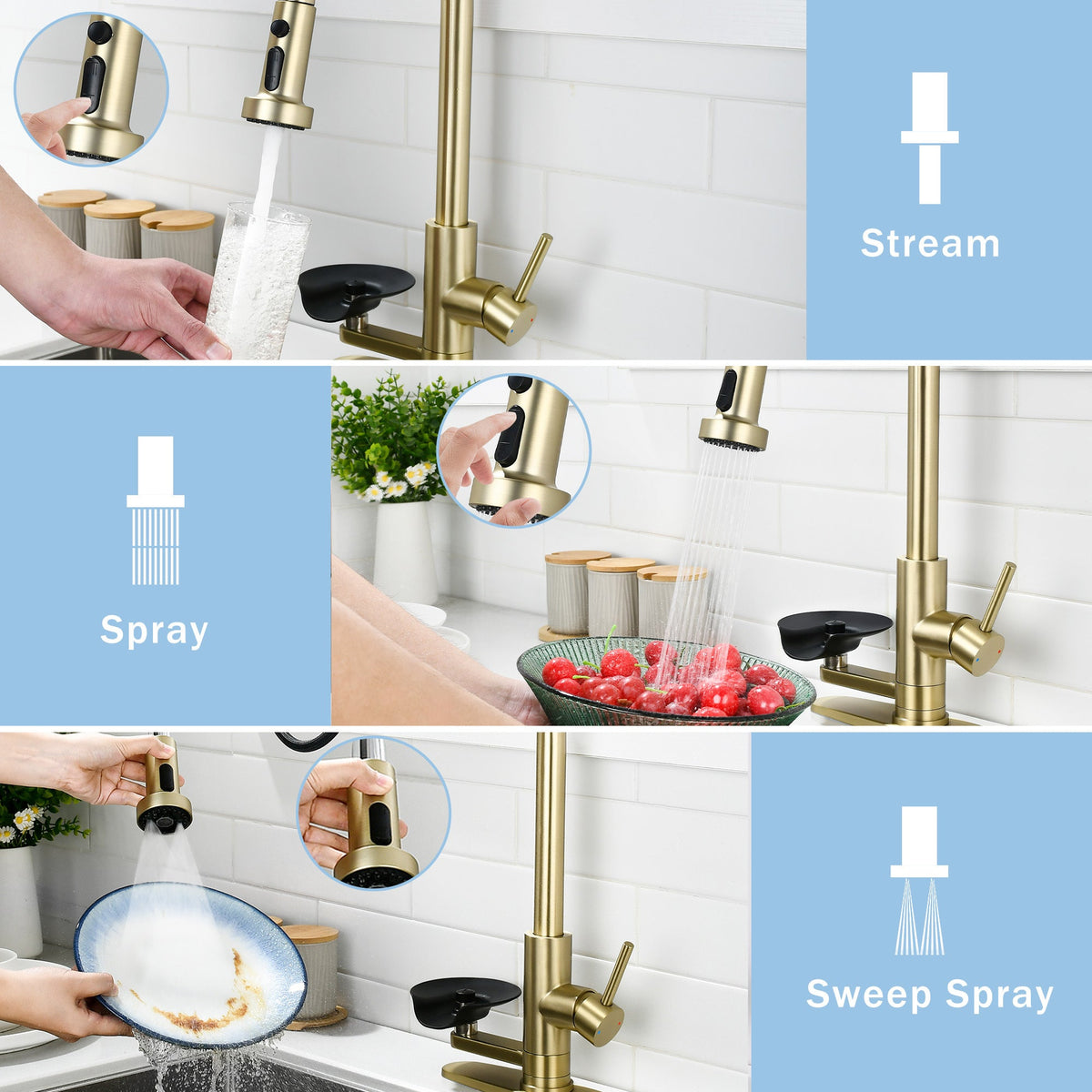 3-in-1 Kitchen Faucet with Press-Type Glass Rinser, Brushed Gold Finish, High-Arc Pull-Down Sprayer, Universal for 1 & 3 Holes, Stainless Steel and ABS Construction