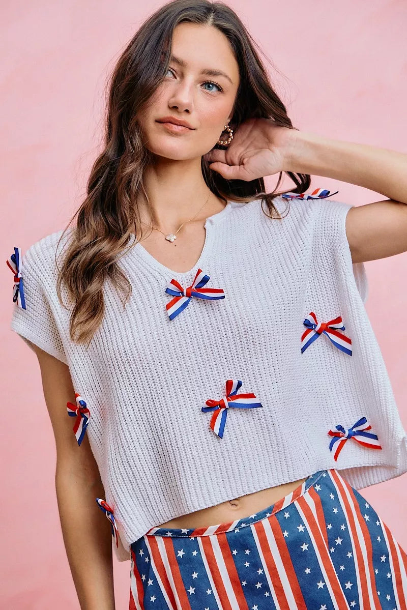 SO ME 4th Of July Ribbon Trimmed Dolman Sweater Top