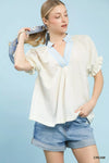 Umgee Textured V-Neck Top with Lace Trim Details