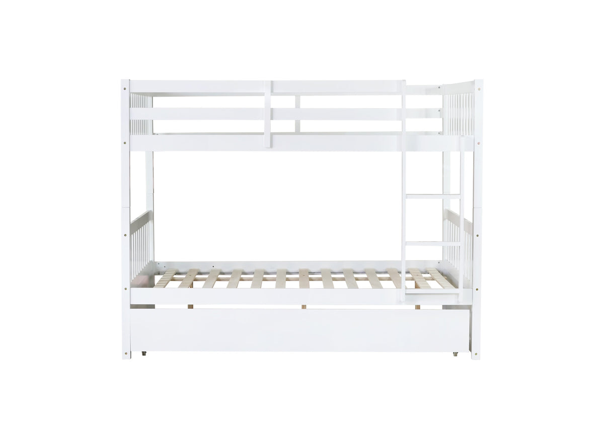 Full Over Full Rubber Wood Bunk Bed with Trundle, Ladder and Guardrails, Convertible to 2 Full Size Beds, with Twin Size Trundle,White