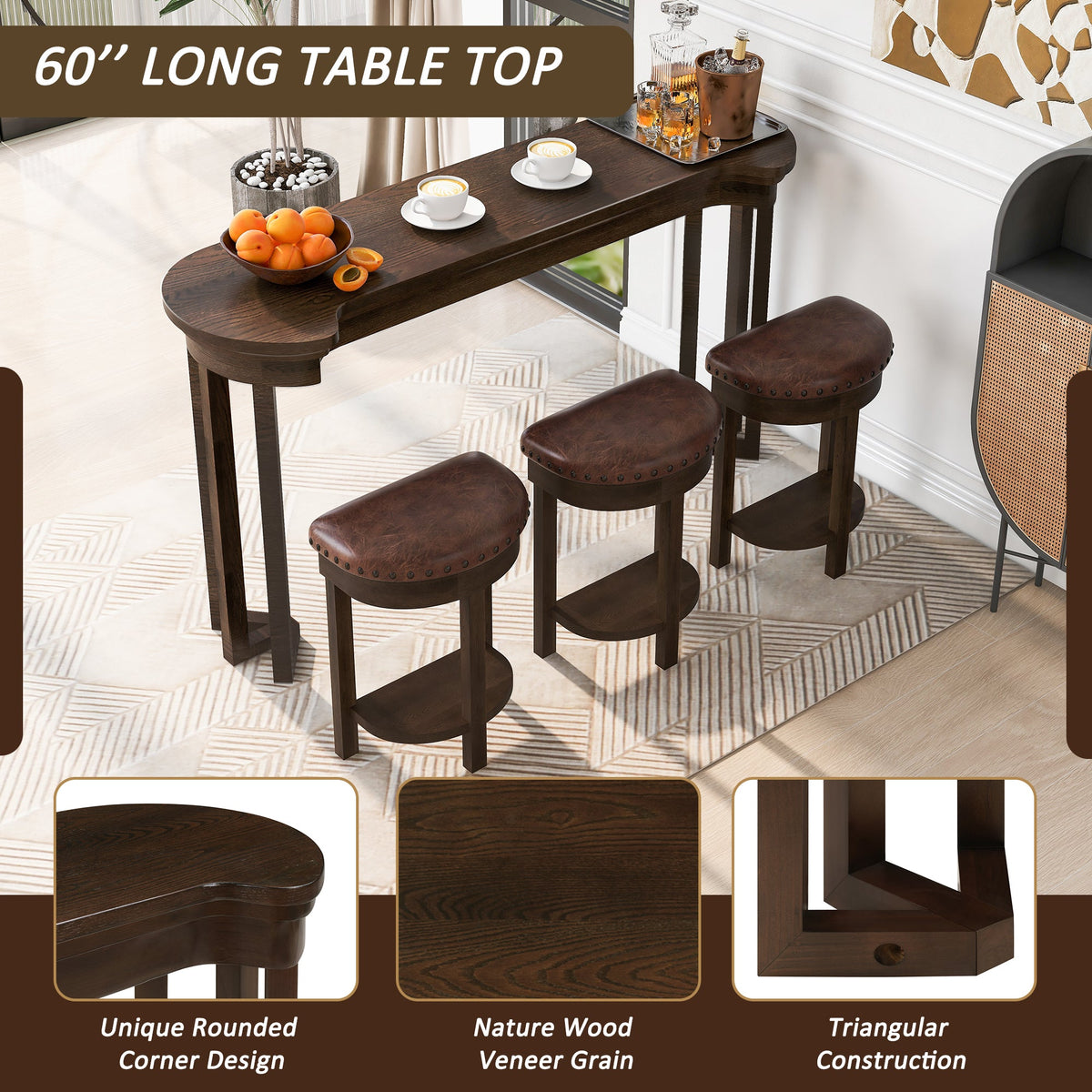 4 Piece Bar Table Set with3 PU Upholstered Bar Stools, Breakfast Table with 3 Padded Stools Solid Wood Counter Height Dining Table Set for Living Room, Dining Room.  Espresso