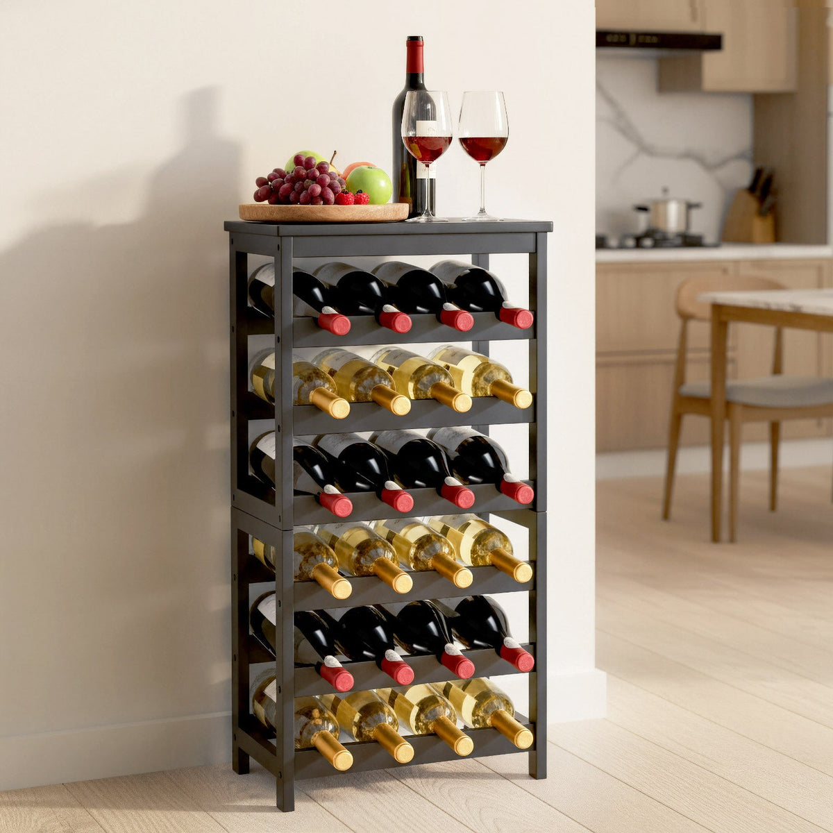 24 Bottle Detachable Wine Rack, 6-Tier Wine Bottle Holder, Freestanding Floor Display Wine Storage Shelves with Table Top, For Kitchen,Cellar,Bar,Dining Room,Living Room, Black