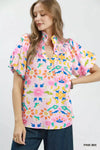 Umgee Folk Art Print Top with Smocked Detail