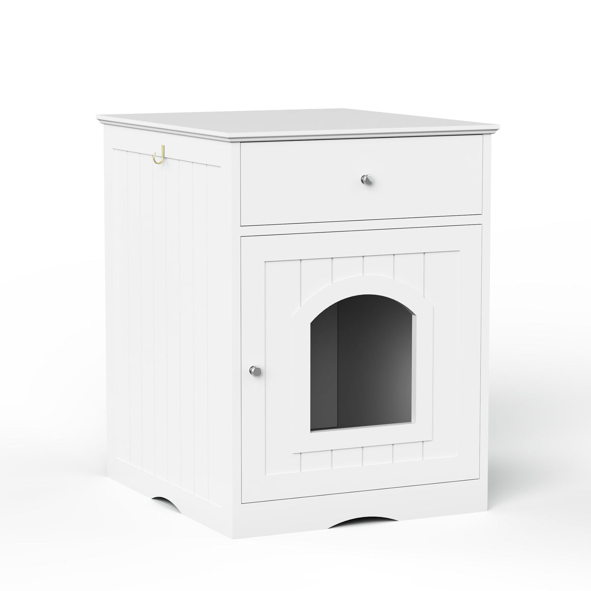 White Wooden Pet House Cat Litter Box Enclosure with Drawer and Side Table, Indoor Cat Home Nightstand for Small Cats, MDF Construction, 18.9'' W x 20.9'' D x 25'' H