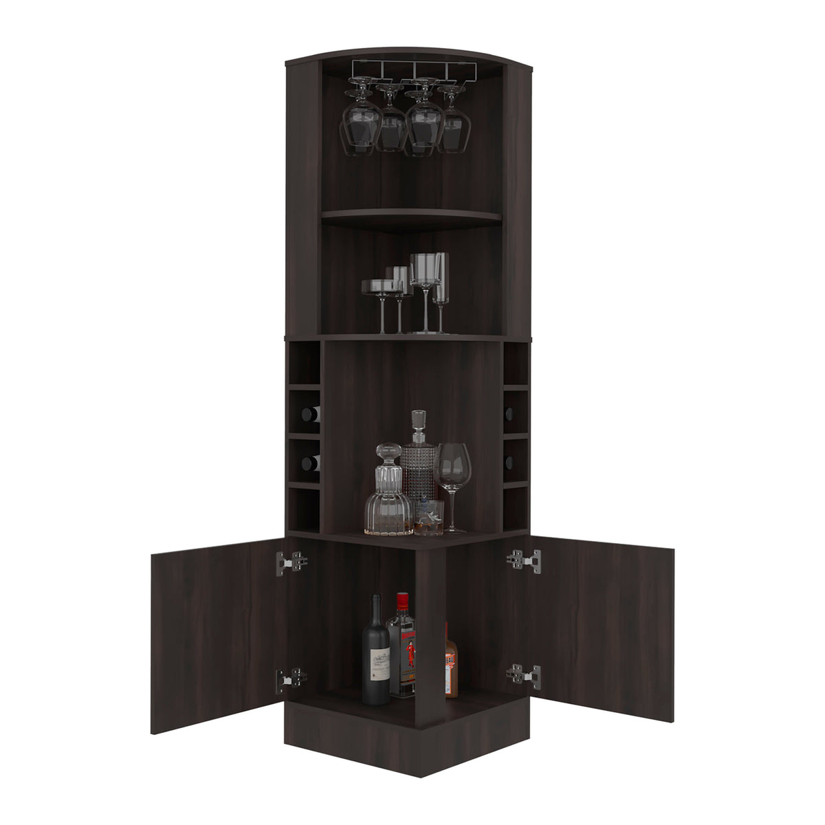 Cairo Corner Bar Cabinet with Double Door Cabinet, Glass Rack, Eight Built-in Wine Rack, Dark Walnut
