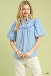 Umgee Puff Sleeve Eyelet Mix Top with Contrast Piping