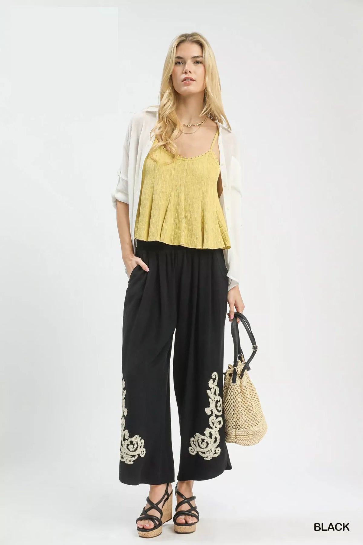 Umgee Linen Embroidered Wide-Leg Boho Pants
