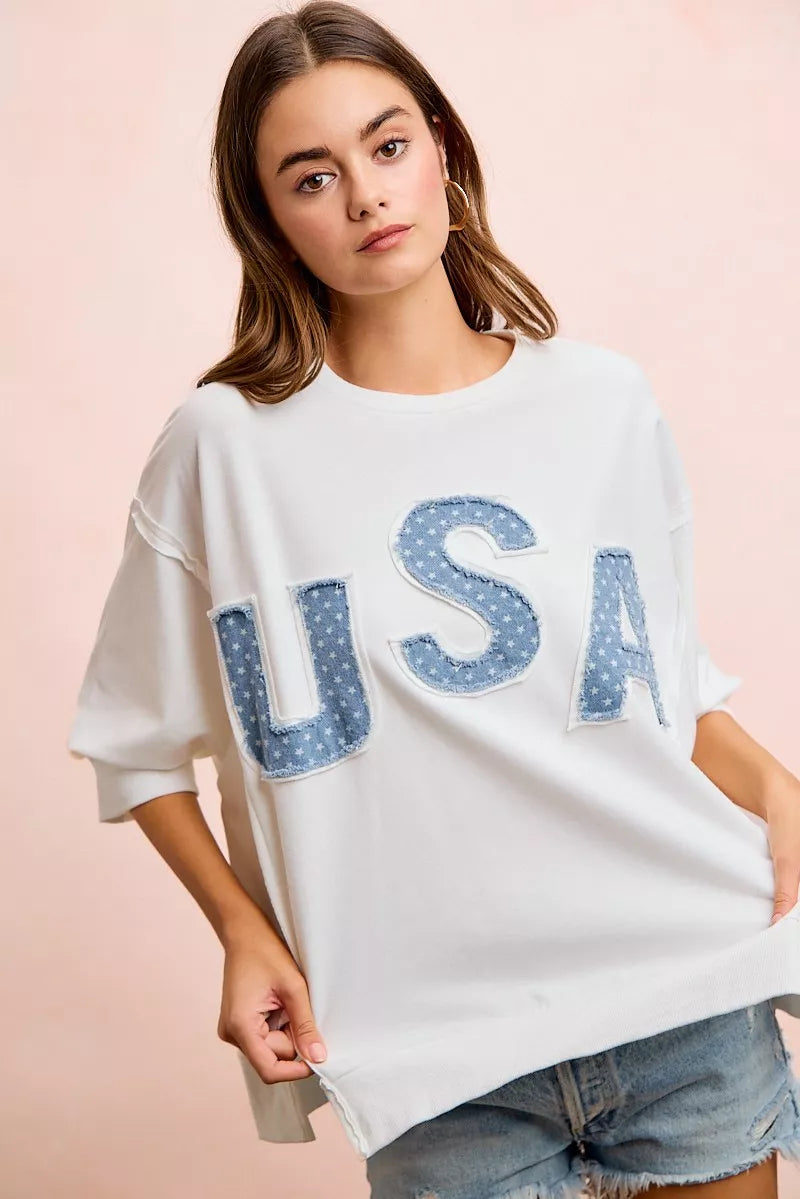BiBi 4th Of July Usa Letter Patchwork French Terry Top