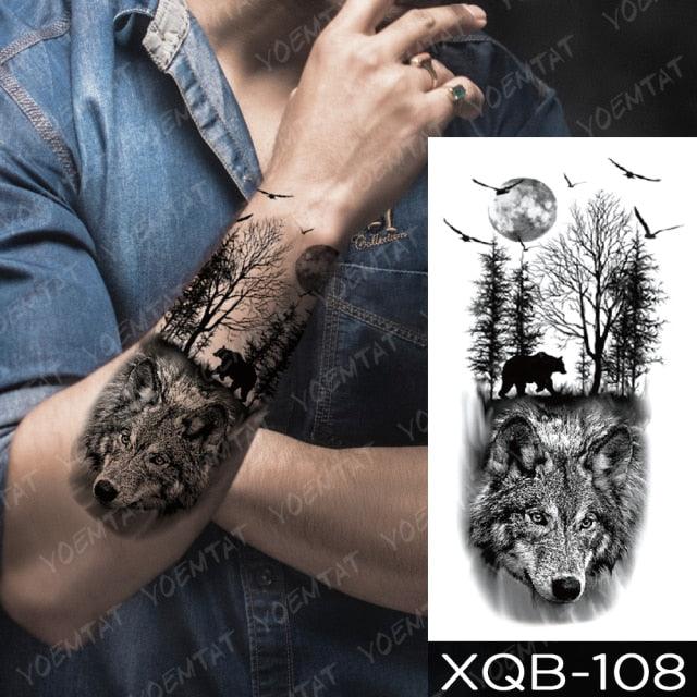 Elegant Black Waterproof Temporary Tattoo Sticker Lion Tiger Bear Flash Tattoos Leopard Wolf Colorful Big Tattoo Stickers For Mens Womens