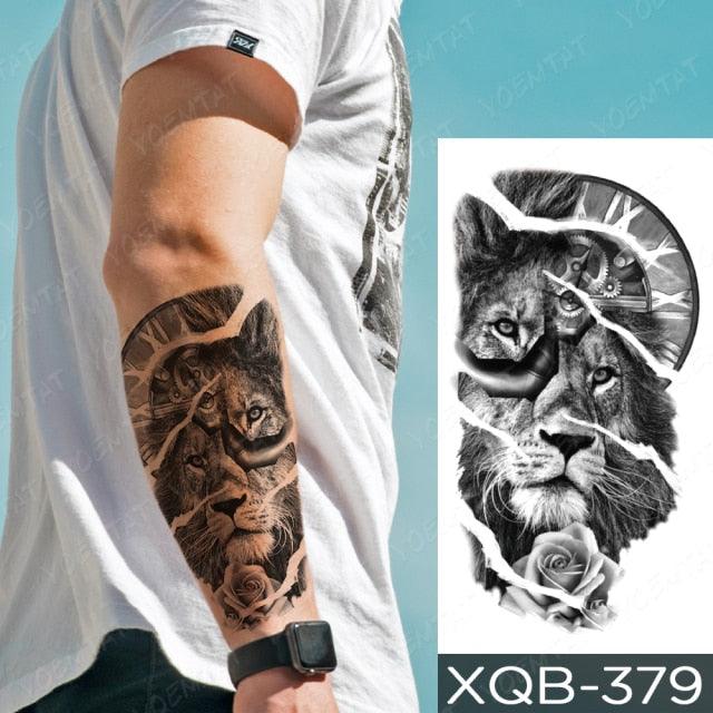 Elegant Black Waterproof Temporary Tattoo Sticker Lion Tiger Bear Flash Tattoos Leopard Wolf Colorful Big Tattoo Stickers For Mens Womens