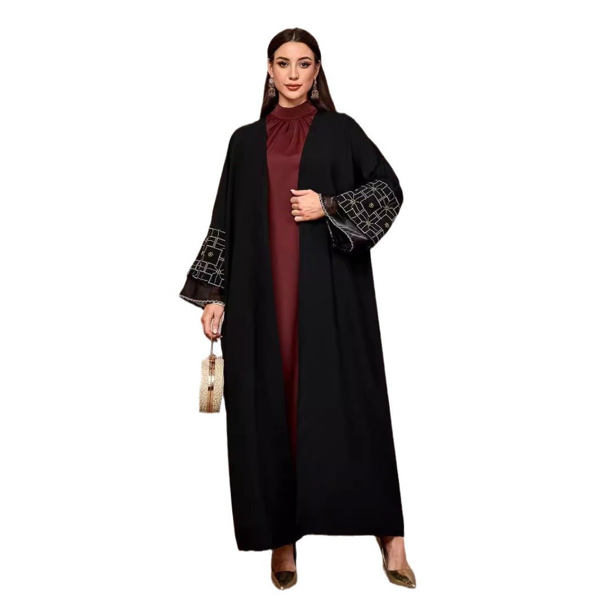 Elegant Brown & Black Bat Sleeve Robe Abaya | Gold Thread Embroidered Maxi Dress with Detachable Belt(MOA215)