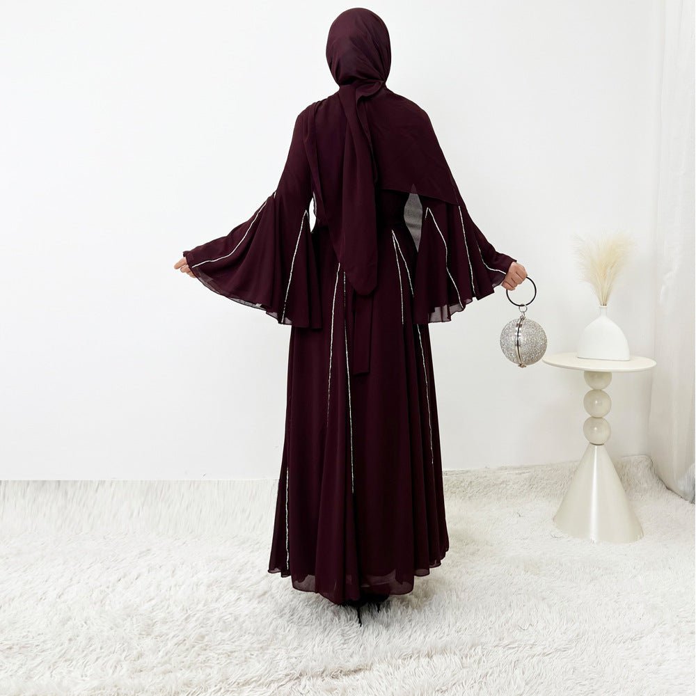 Elegant Chiffon Abaya Set with Hijab | Round Neck Bell Sleeve Maxi Dress with Rhinestone Trim (MA325)